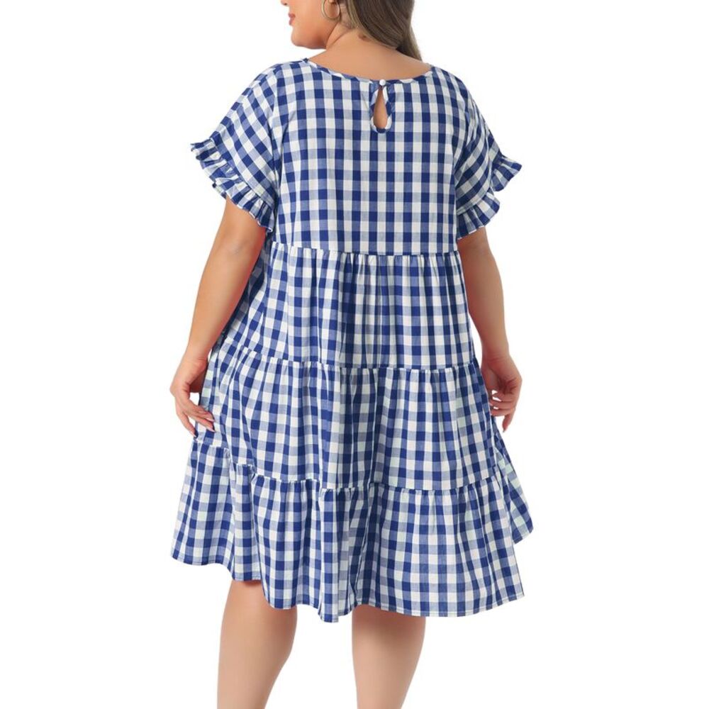 Women Plus Size Ruffle Sleeve Tiered Babydoll Gingham Dress Royal Blue - Picture 4 of 5